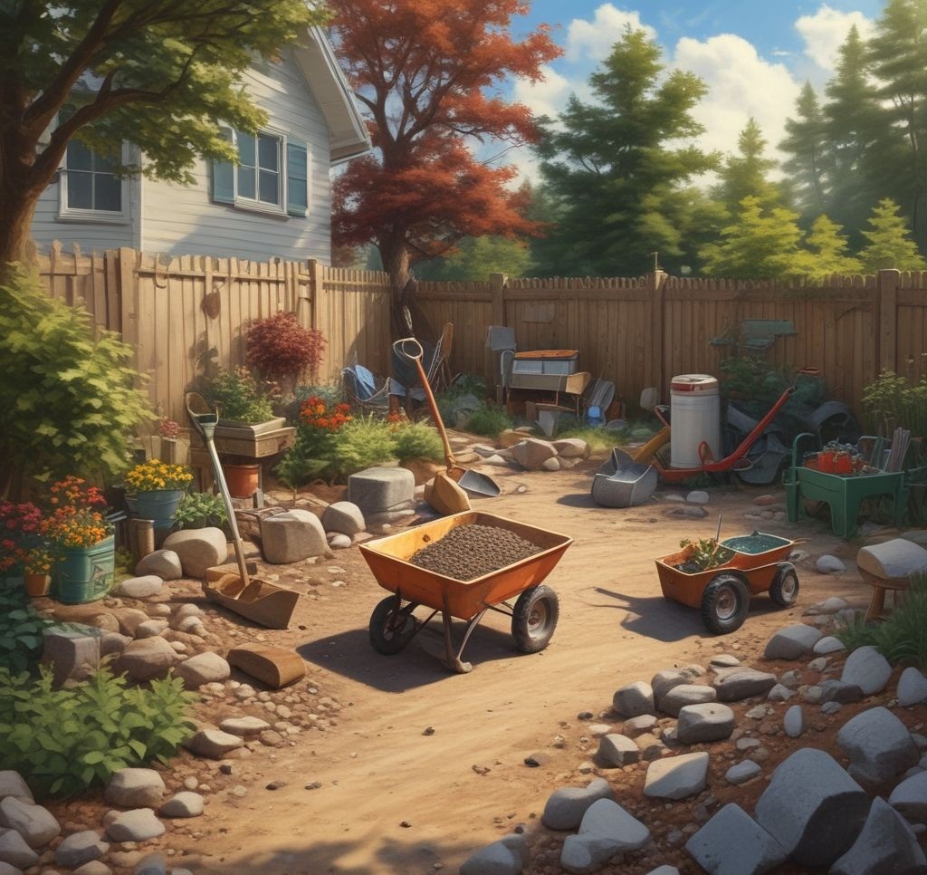 An image of a backyard with a cleared area for the patio, showing tools like a shovel, a wheelbarrow, and a stack of gravel bags in the background.