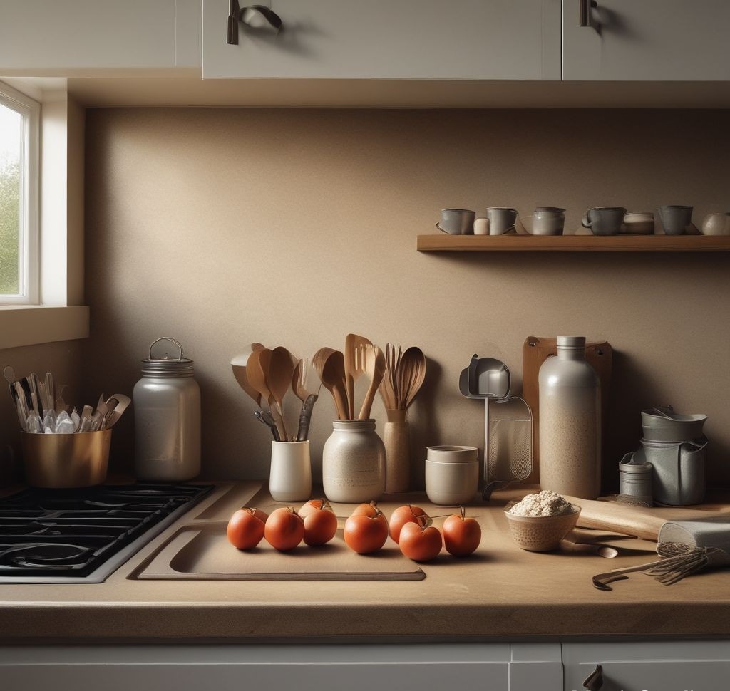 High-resolution photograph of kitchen countertop with neatly organized items, soft morning light, professional-grade depth of field, muted earth tones, hyperrealistic texture, commercial photography style