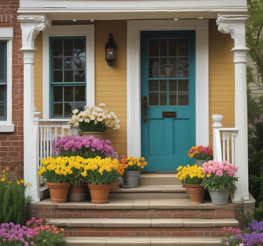 A charming front porch decorated with colorful pots of daffodils, tulips, and petunias, arranged in clusters on steps and near the door. The backdrop includes a pastel-painted door and a sunny spring setting.