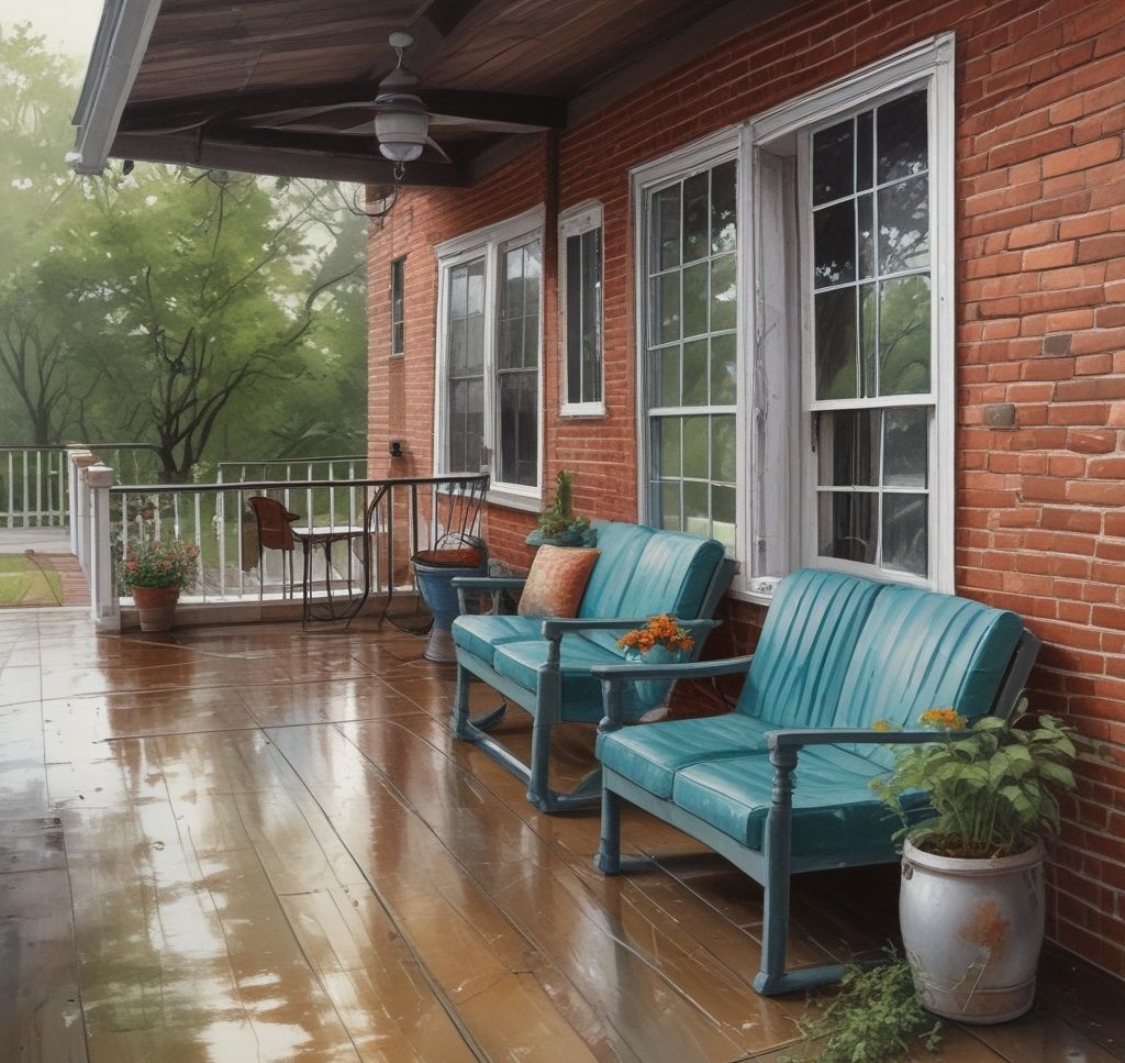 A porch with stylish furniture but no cushions or weather-resistant materials, soaked by rain and looking neglected after a storm.