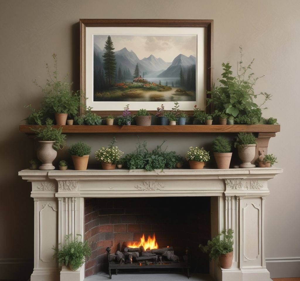 A mantle featuring miniature potted plants like succulents and daisies, arranged in a neat row with varying heights, adding a fresh and lively touch to the space.