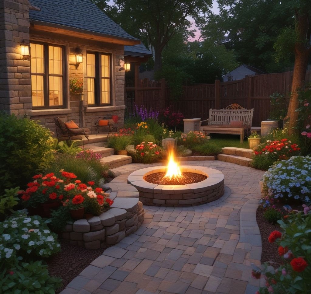 A charming small backyard patio with natural stone pavers extending into a pathway leading to a cozy firepit area. The pavers are bordered by small garden beds with colorful flowers and greenery. A serene evening setting with warm lighting.