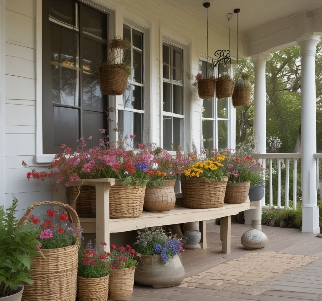 A porch decorated with woven baskets, driftwood pieces, and a mix of wildflowers, creating a rustic yet fresh spring vibe.