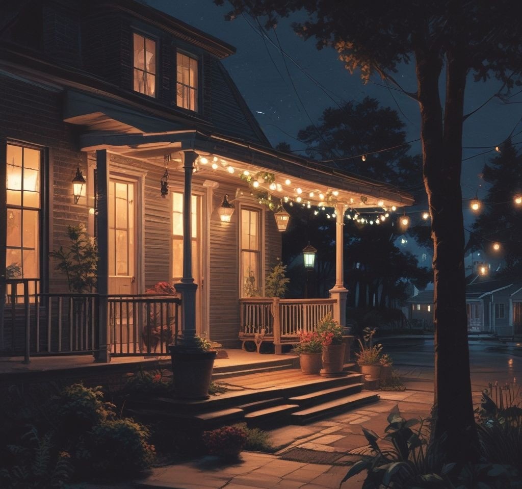 A dark front porch at night with no lighting, making it look uninviting, contrasted with a neighboring porch glowing warmly with string lights and lanterns.