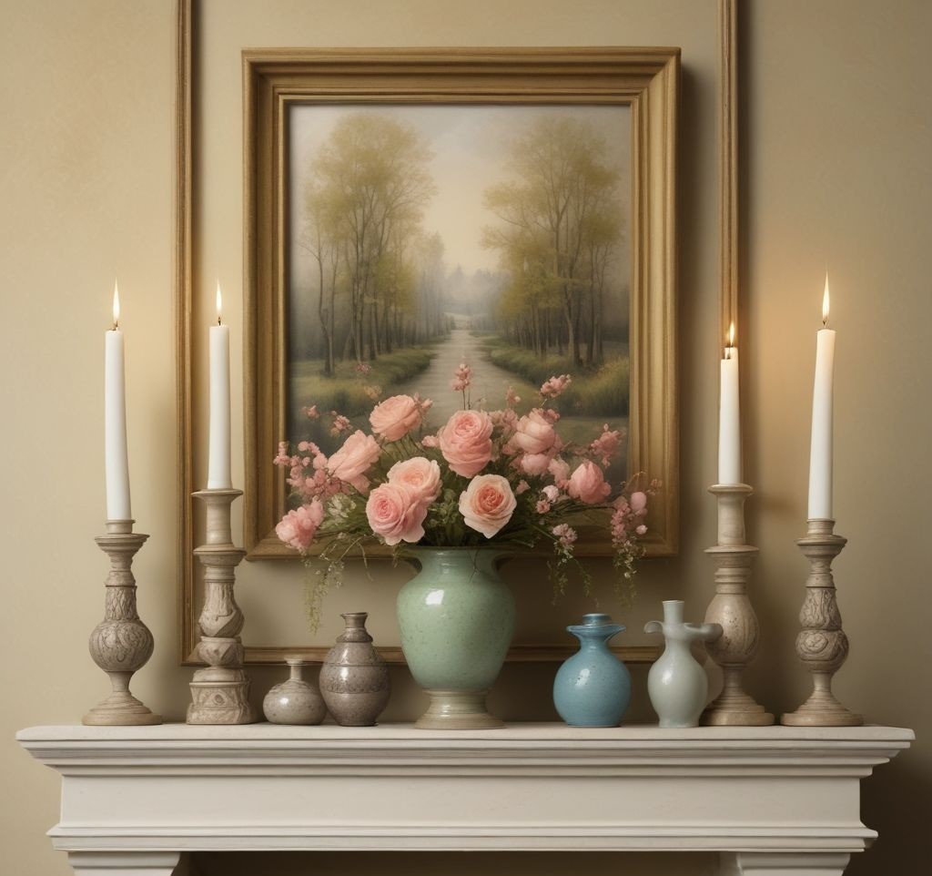 A spring mantle with a mix of tall candlesticks, medium-sized vases, and smaller decorative items, arranged to create depth and a layered look, all in soft spring tones.