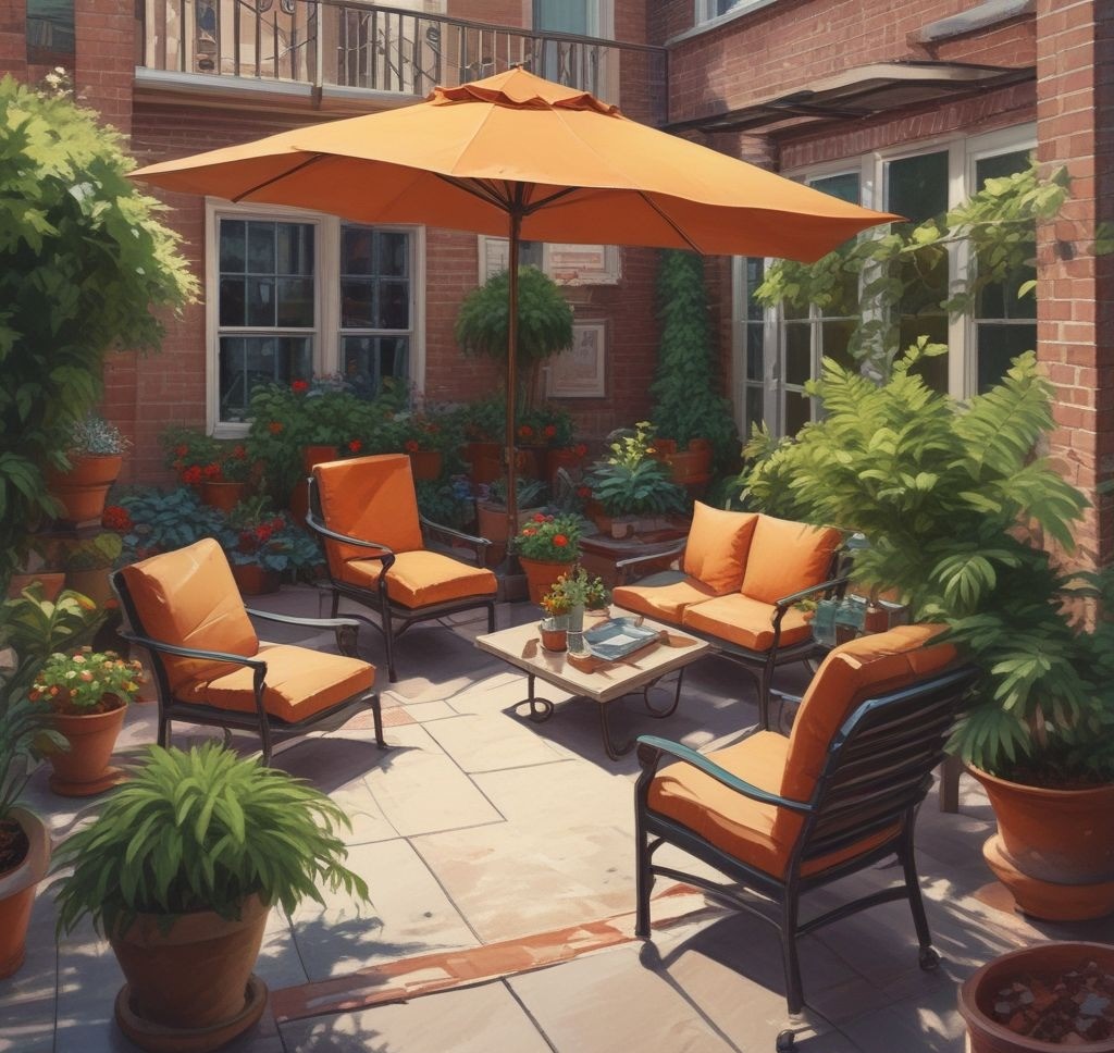 A homeowner standing on a small patio, measuring the space with a tape measure while holding a notepad, surrounded by basic outdoor furniture and potted plants.