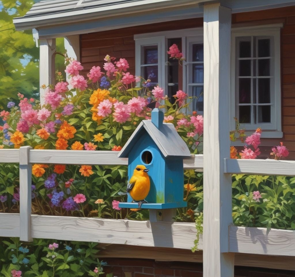 A colorful birdhouse hanging from a porch beam, surrounded by blooming flowers, with a small bird perched nearby in the bright spring sunlight.