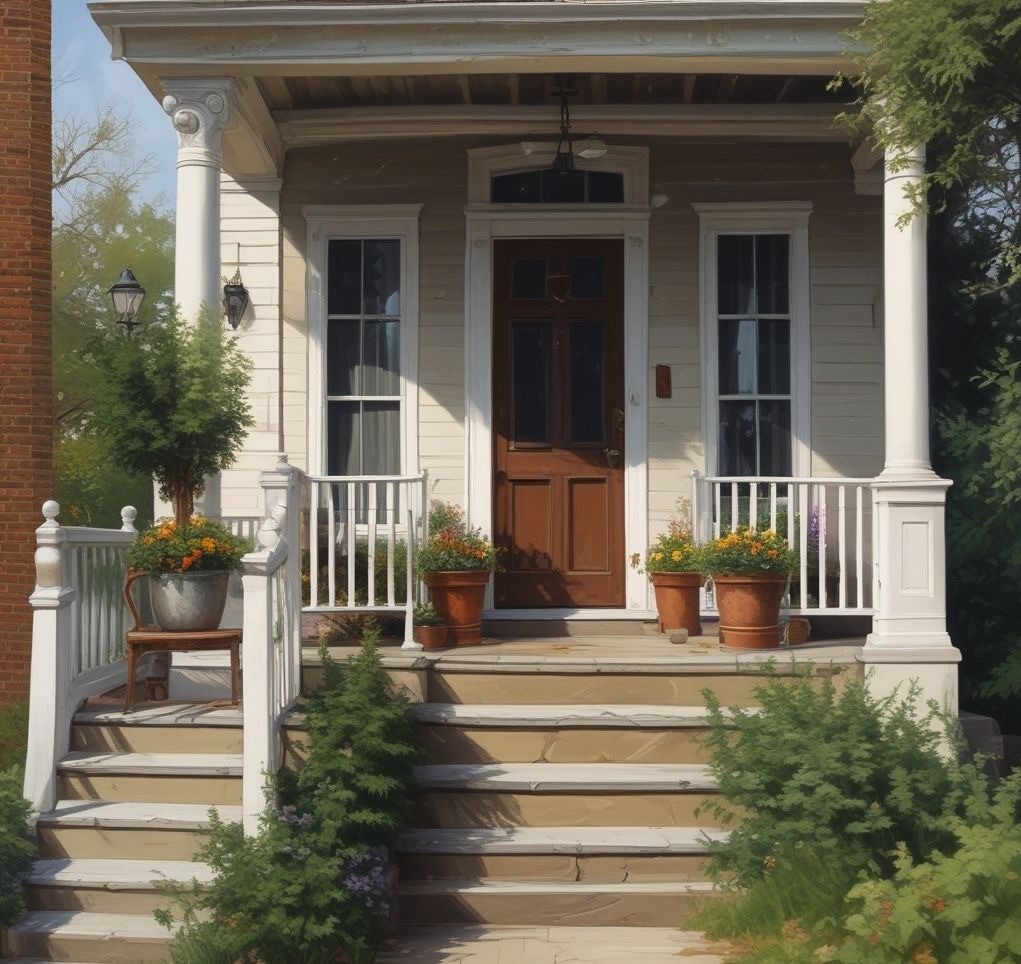 A stark, barren porch with no flowers, greenery, or natural elements, creating a dull and unappealing atmosphere for spring.