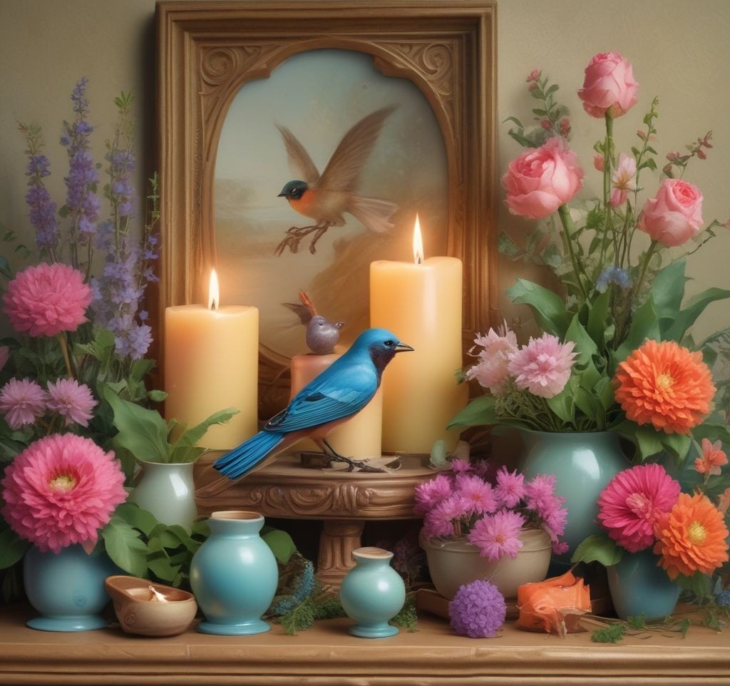A playful spring mantle featuring ceramic bunny, bird, and butterfly figurines, nestled among flowers, greenery, and pastel-colored candles for a cheerful seasonal vibe.