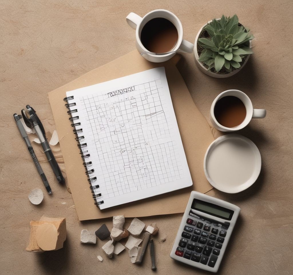 A flat-lay image of a notebook with "Patio Budget" written at the top, surrounded by a calculator, material samples (like wood, stone, and pavers), and a cup of coffee.