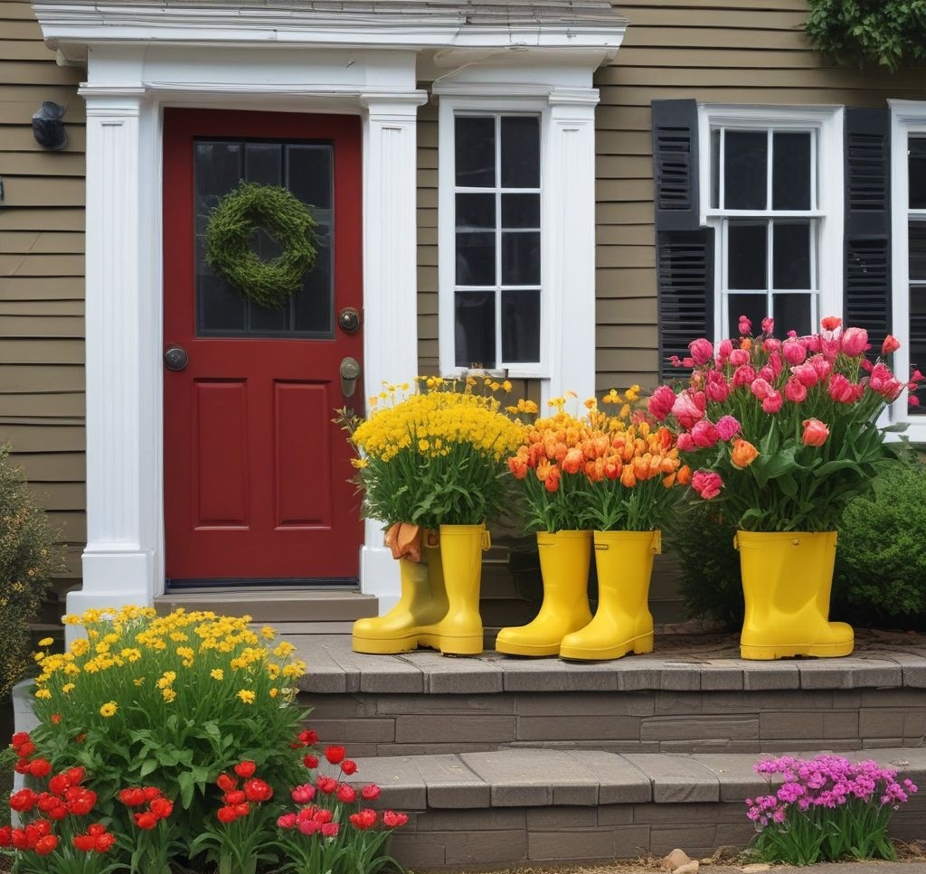 A pair of bright yellow rain boots repurposed as planters, overflowing with daisies and tulips, placed beside a cheery front door.