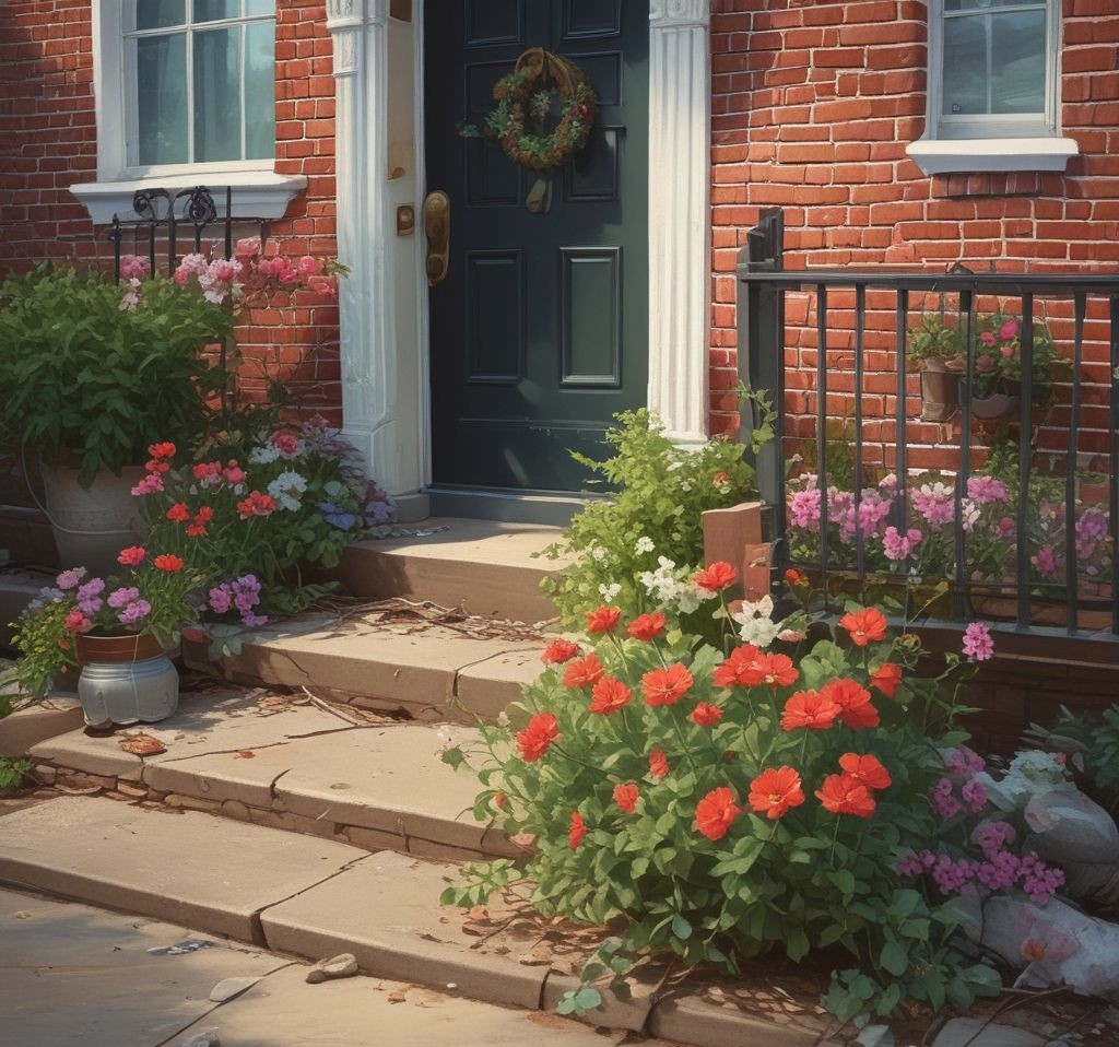 Close-up of poorly made spring decor falling apart, such as a broken wreath, faded doormat, and flimsy planters.