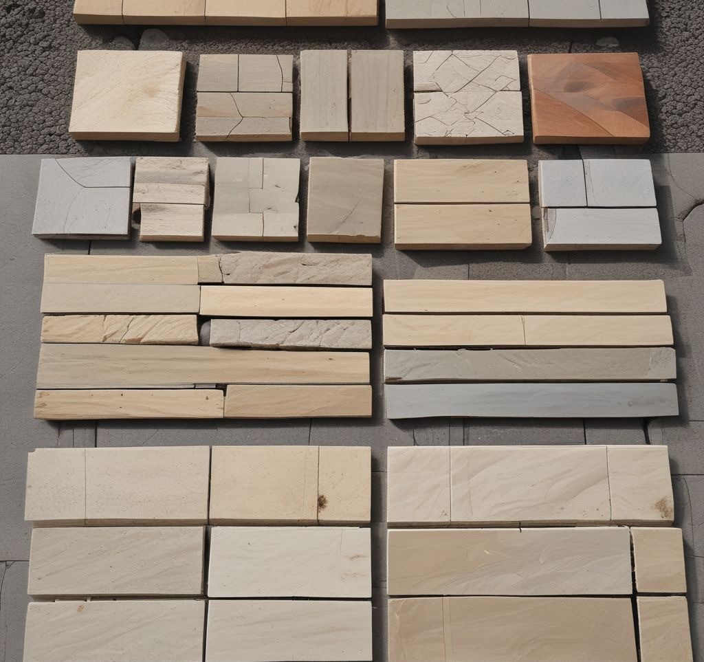 A side-by-side display of different patio materials—wood planks, stone tiles, and concrete pavers—with labels indicating their benefits.