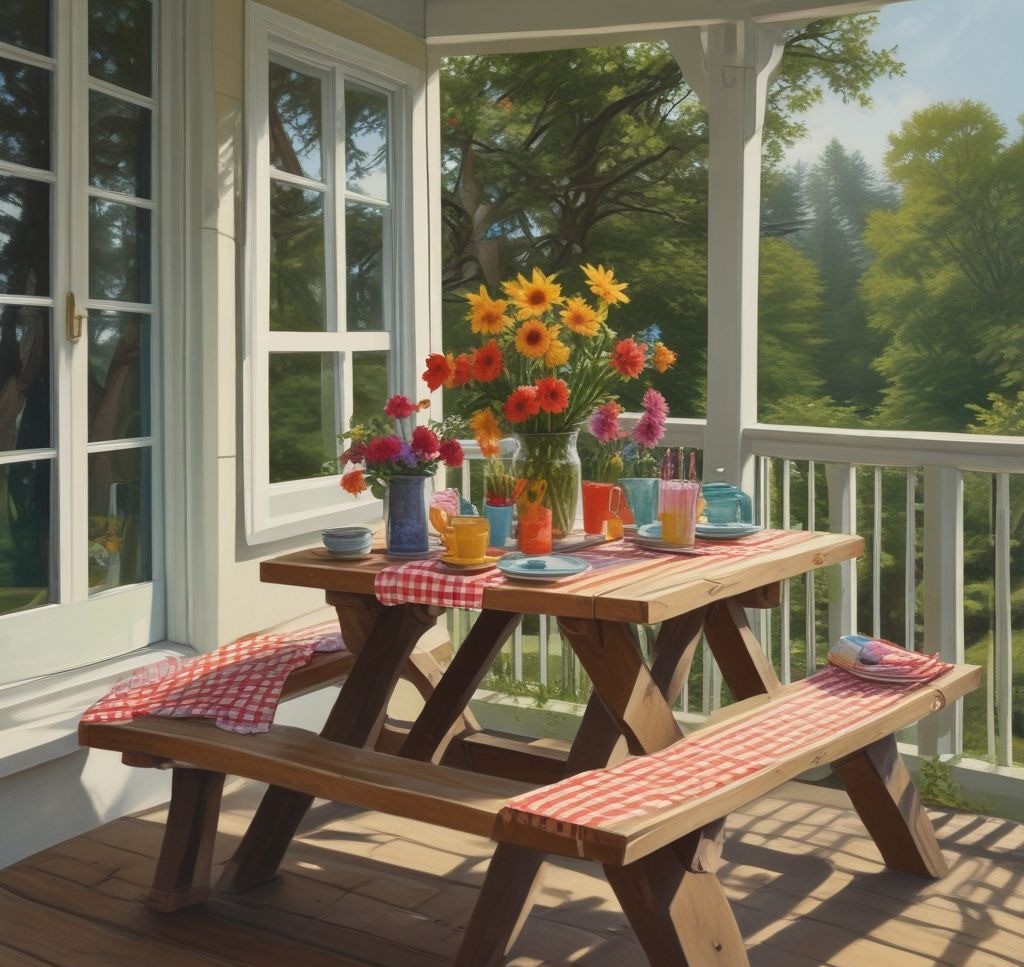 A child-sized picnic table on a porch, decorated with a gingham tablecloth, mason jar vases filled with flowers, and colorful cups and plates.