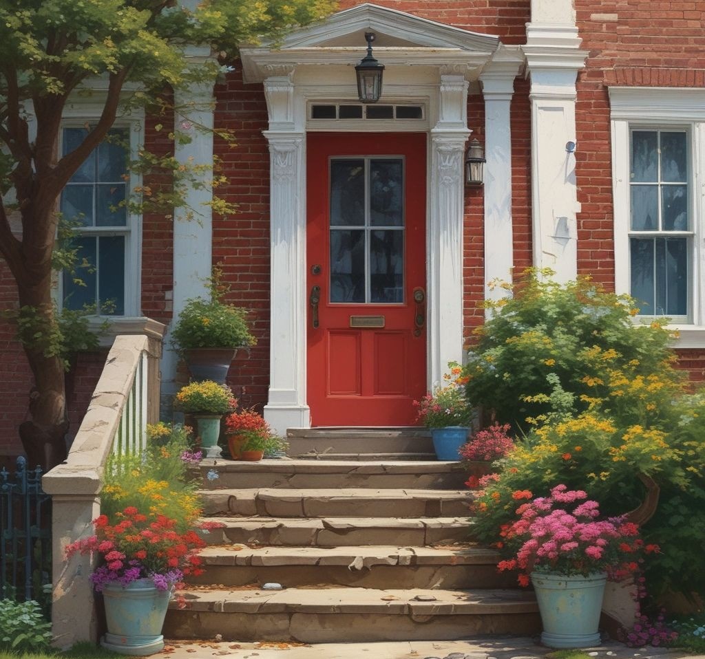 A front door surrounded by chipped paint, unkempt steps, and an old doormat, contrasted with a clean, vibrant entryway decorated for spring.