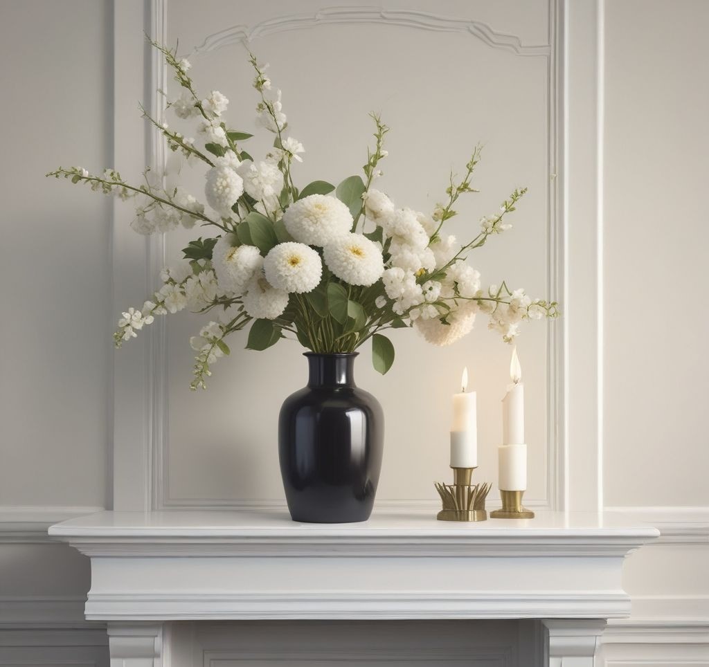 A minimalist spring mantle with a single vase of fresh flowers, two matching candles, and a clean white background, emphasizing simplicity and elegance.