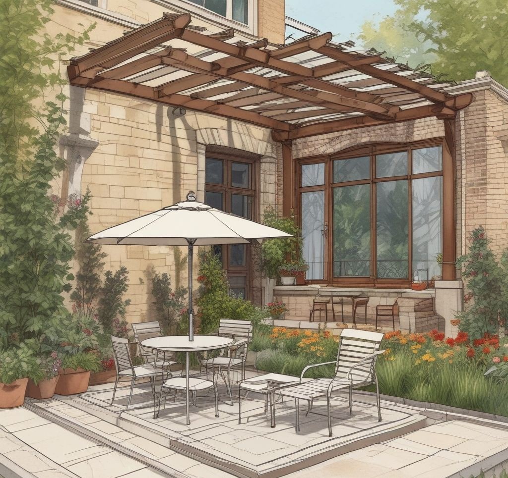 A digital sketch of a patio design on a tablet screen, showing seating arrangements, a pergola, and a small garden, with the tablet placed on a wooden table next to a cup of coffee.
