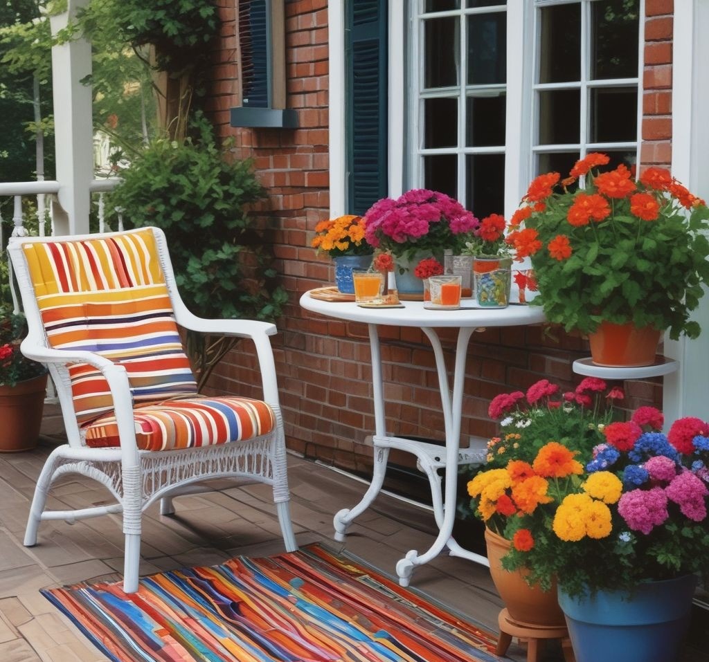 A porch setup with striped and floral cushions on a wicker chair, paired with a polka-dot rug and brightly colored flower pots.