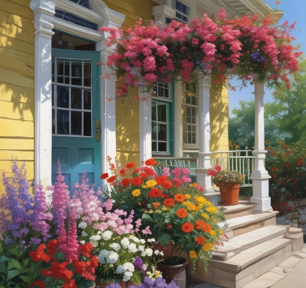 A porch overloaded with Easter-themed items like bunnies, eggs, and pastel overload, looking overly kitschy and seasonal.