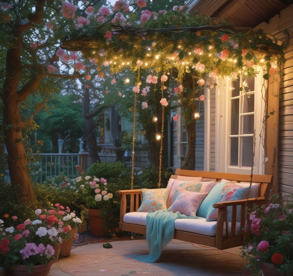 A wooden porch swing with pastel cushions and a lightweight floral throw blanket, surrounded by hanging flower baskets and fairy lights.