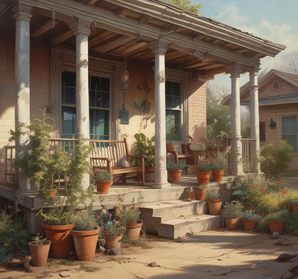 A porch with dead plants in pots, dusty surfaces, and faded decor, reflecting a lack of upkeep during the spring season.