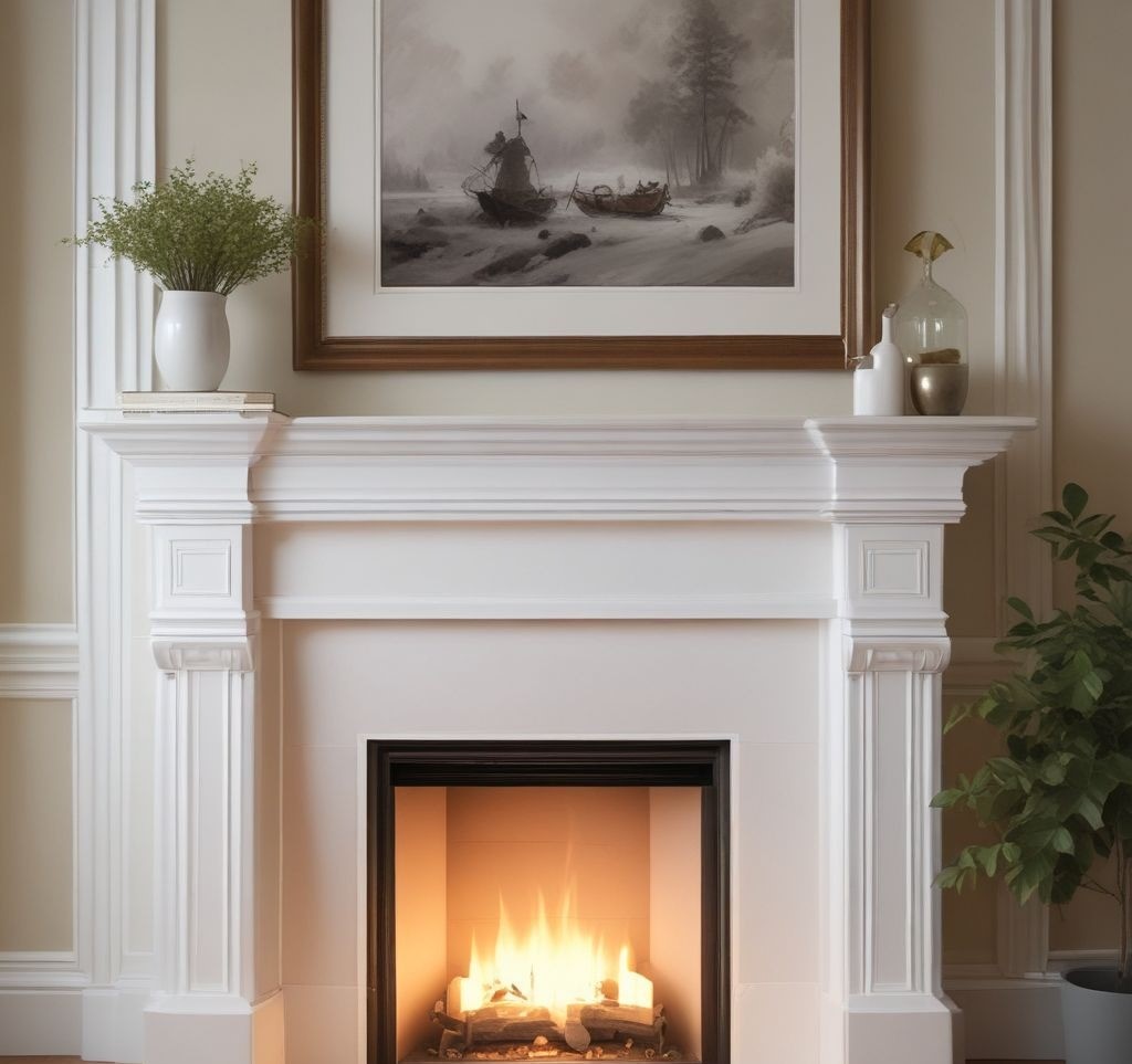 A pristine, white-painted fireplace mantle being carefully cleaned with a soft white cloth, natural light streaming in, minimal and clean home interior background, soft spring colors