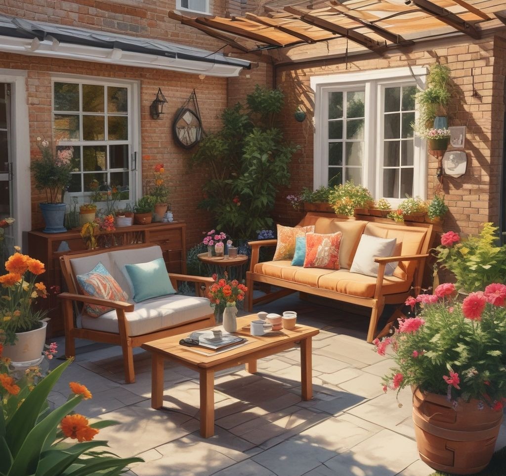 A compact patio with a sleek wooden pergola adorned with climbing plants and hanging fairy lights. Beneath the pergola is a comfortable seating area with a small table, surrounded by lush greenery. The setting is bright and inviting, perfect for spring or summer.