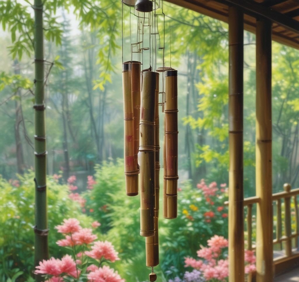 A close-up of bamboo and metal wind chimes hanging on a porch, gently moving in the spring breeze with flowers in the background.