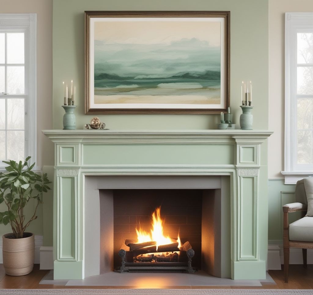 Soft pastel color swatch arrangement featuring mint green, pale yellow, and sage green, laid out elegantly near a neutral fireplace mantle, soft natural lighting, watercolor-like texture