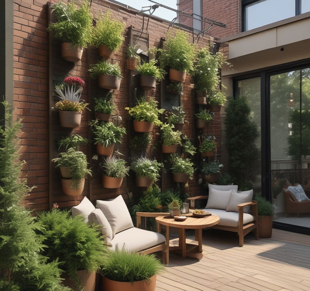 A modern small patio with a vertical garden wall featuring hanging pots filled with herbs, flowers, and greenery. The garden is mounted on a wooden trellis, with a cozy seating area below. Natural sunlight highlights the greenery, creating a refreshing outdoor space.