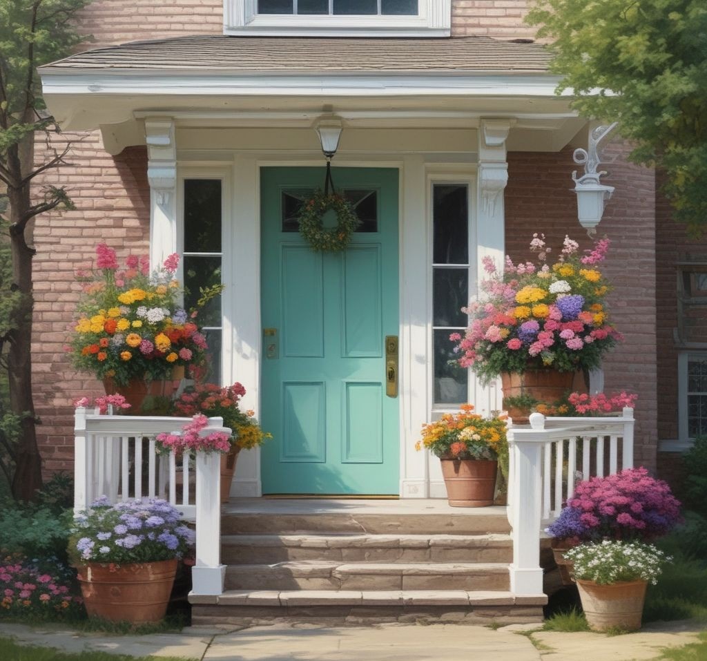 A spring porch featuring pastel baskets filled with eggs, bunny figurines, and a floral wreath on the door, creating an Easter-themed display.