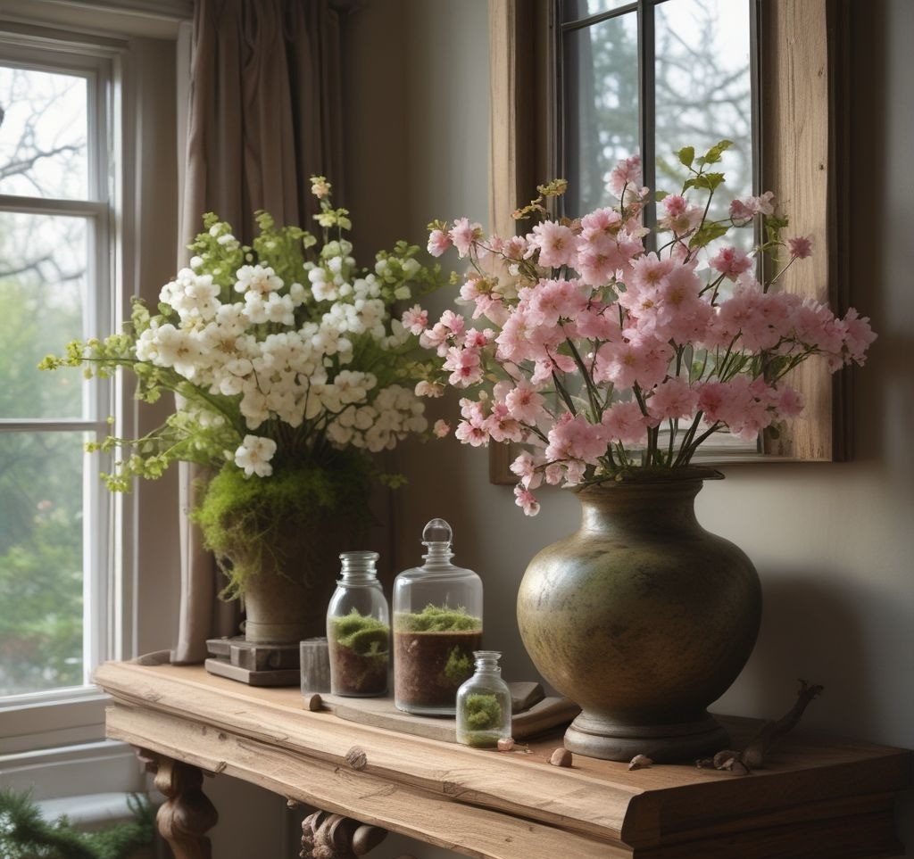 Rustic wooden mantle decorated with fresh spring flowers, potted bulbs, delicate cherry blossom branches, small glass terrarium with green moss, soft morning light filtering through nearby window