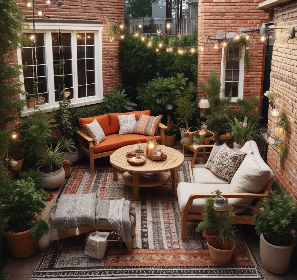 A small backyard patio designed with multifunctional furniture, including a foldable dining table that converts into a coffee table. The area features a lounge chair, a bar cart with drinks, and planters with vibrant flowers. Bright daylight with a cheerful atmosphere.