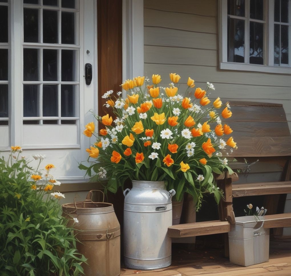 An old milk can painted white and filled with tall branches, tulips, and daisies, placed next to a rustic wooden bench on a spring porch.