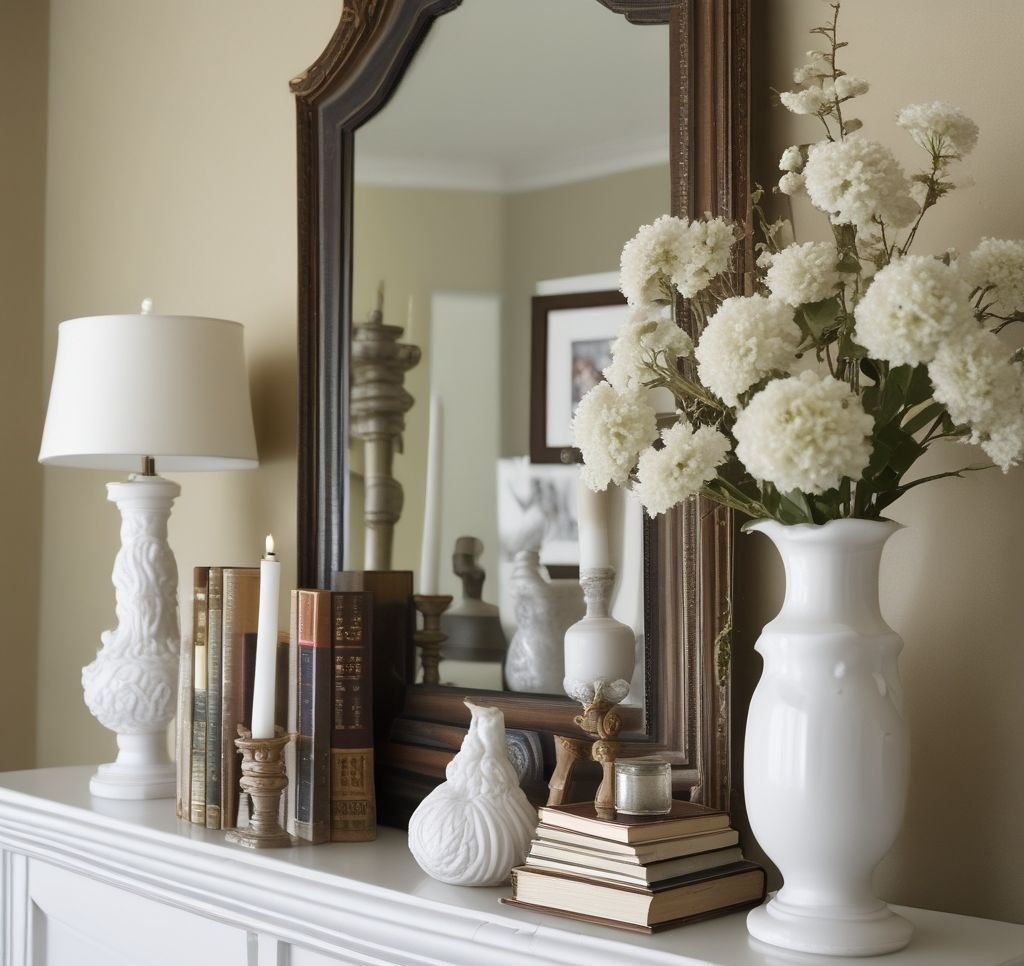 Fireplace mantle with strategically placed objects of varying heights - white ceramic vase, vintage books, decorative mirror, metallic candlesticks, creating a balanced asymmetrical display with spring-inspired color palette