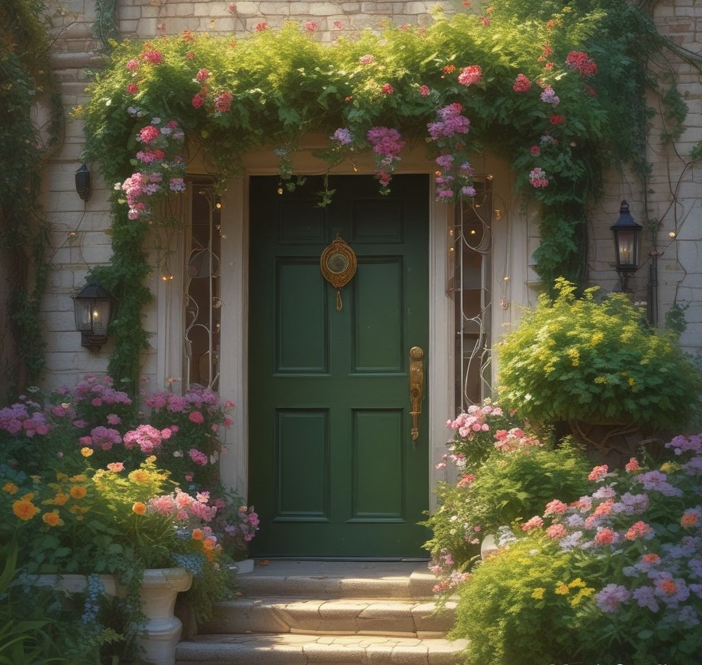 A front door framed by lush green garlands with small flowers intertwined, enhanced with warm fairy lights in a sunny spring setting.