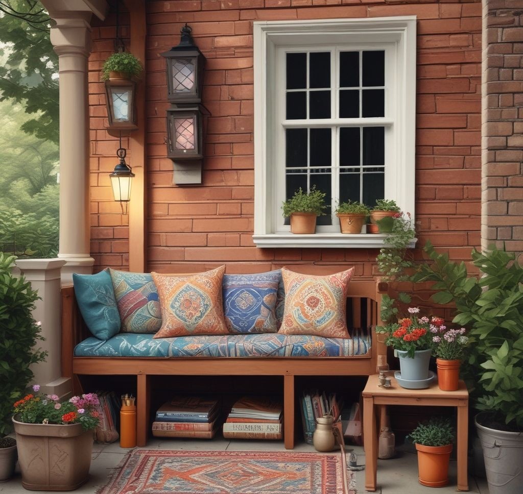  A small porch with a decorative wooden crate used as a side table, holding a lantern, a potted plant, and a book. A bench with hidden storage sits nearby, adorned with colorful pillows and blankets.