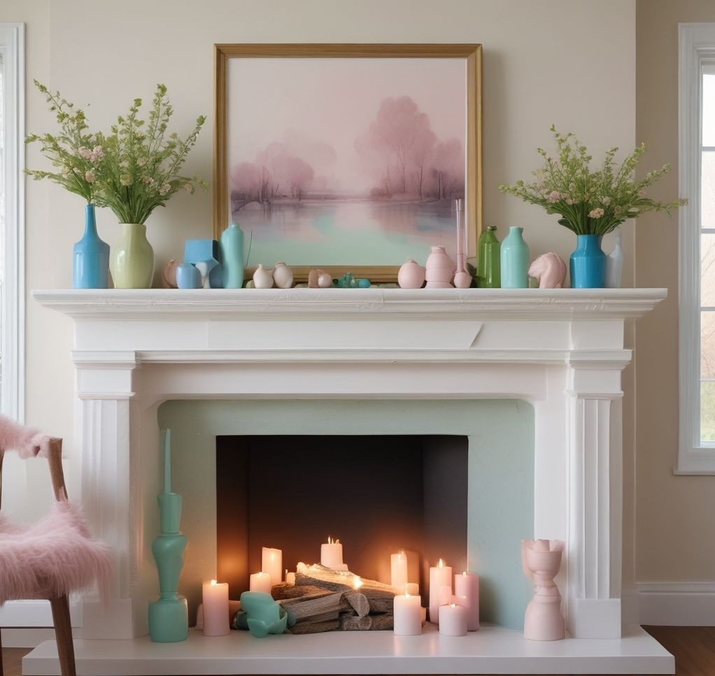 A mantle draped with a cascading garland of faux greenery and blossoms, surrounded by spring-themed decor like small potted plants and pastel-colored candles, set in a cozy living room.