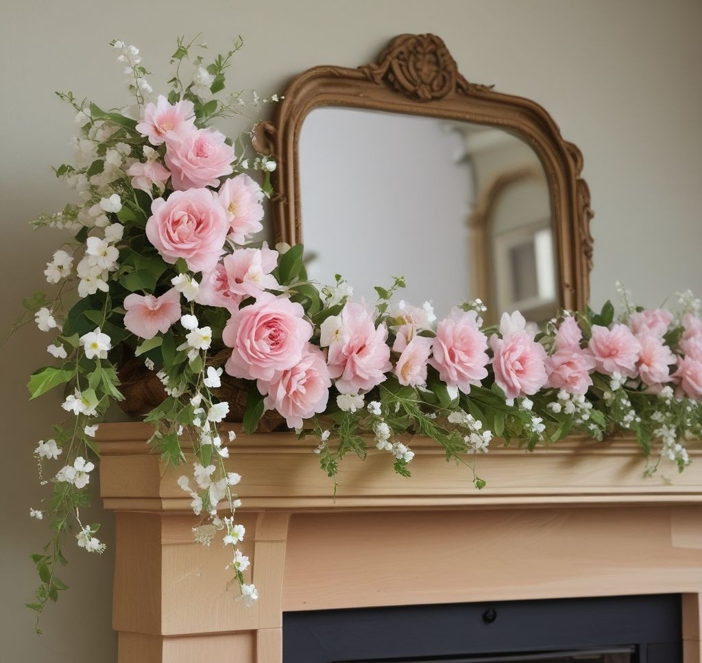 Handmade spring floral garland with pastel artificial flowers, soft pink and white blossoms, draped casually across a wooden mantle, burlap ribbon connecting flowers, natural soft lighting