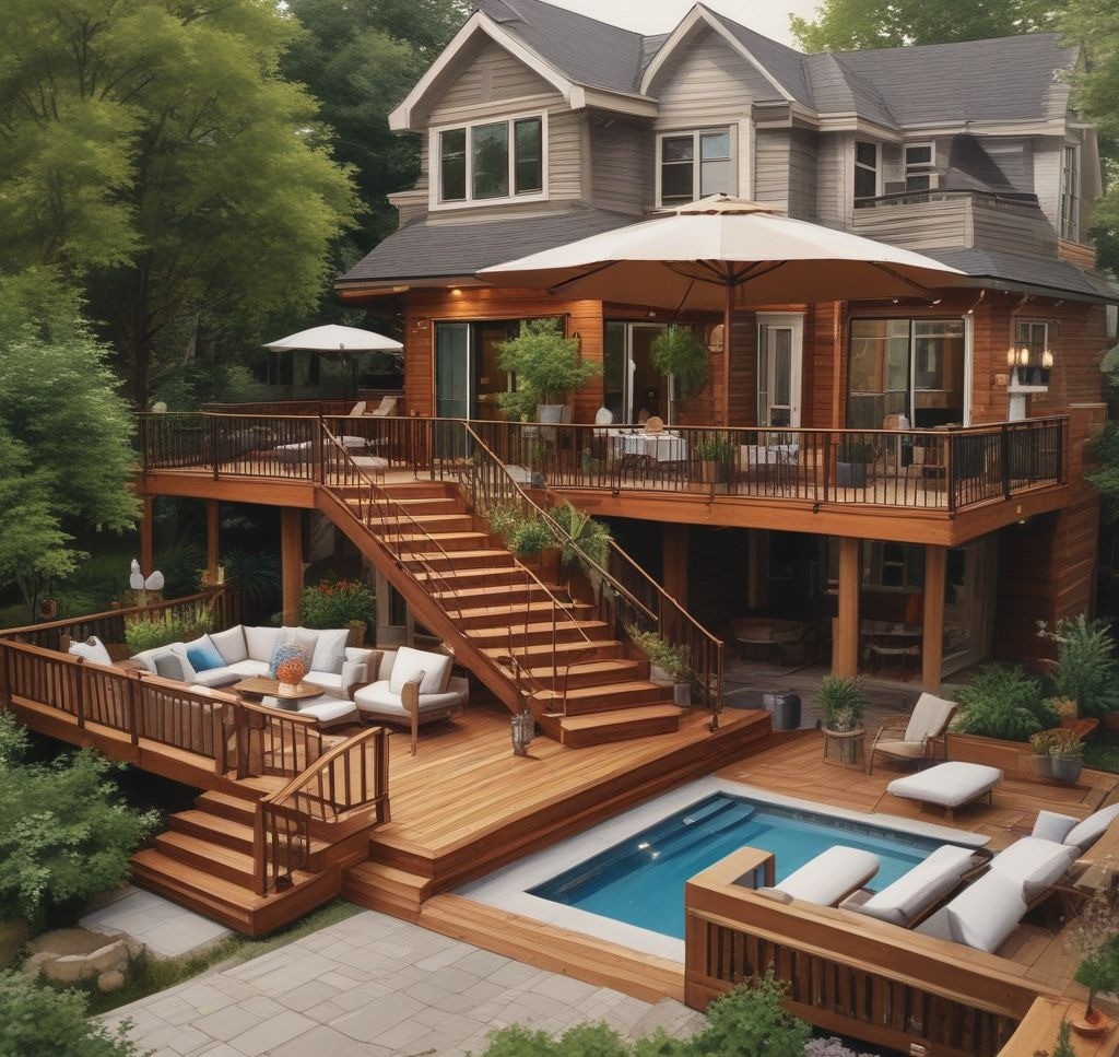 A large backyard with multi-level wooden decks. The top level has a dining area with an umbrella, while the lower level features a lounge space with potted plants and decorative lighting.