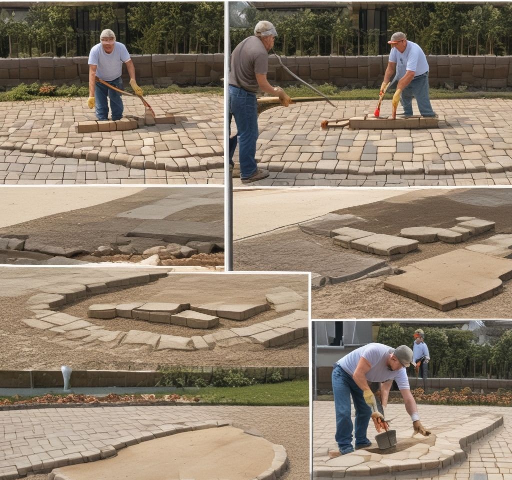 A step-by-step image collage showing the process of laying pavers, including spreading sand, placing pavers, and filling gaps with polymeric sand.
