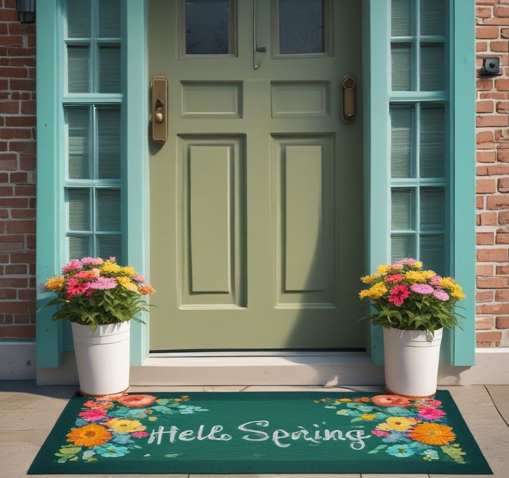 A spring-themed doormat layered over a jute rug in front of a mint-green door. The doormat reads "Hello Spring," surrounded by colorful flowers and a pair of rain boots.