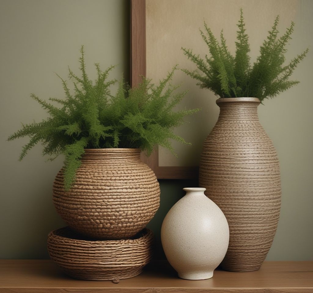 Close-up of mantle styling with textural elements: woven basket, rough ceramic vase with smooth glaze, linen runner, moss-covered decorative object, soft shadows emphasizing different surface qualities