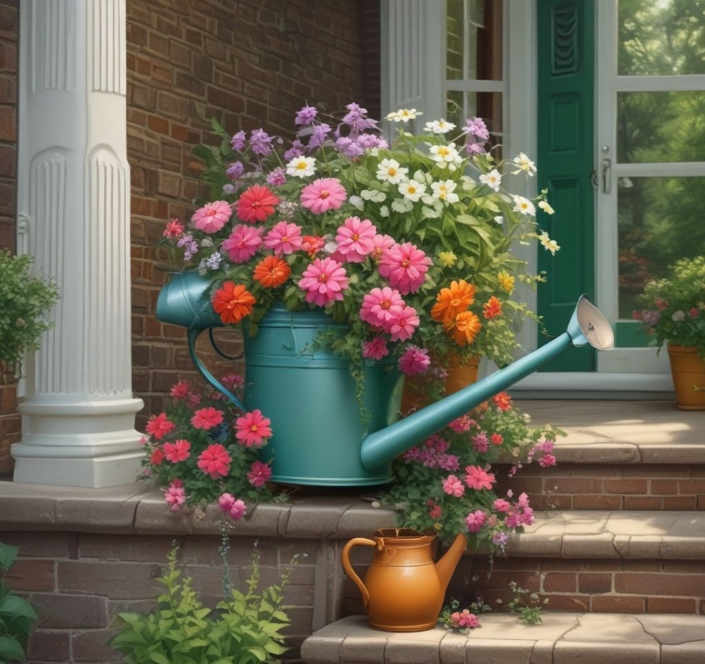 A vintage watering can placed on a porch step, overflowing with cascading flowers and greenery, with additional spring accents around it.
