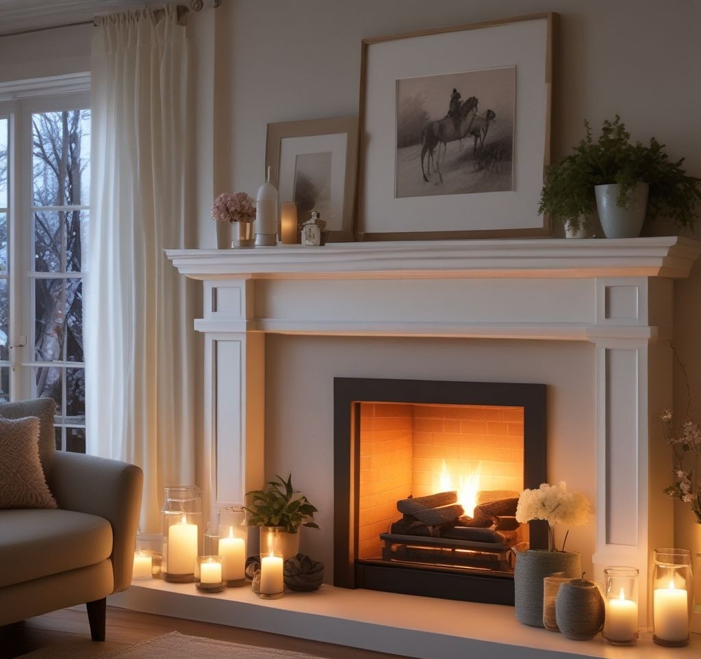 Softly lit fireplace mantle at dusk, pastel white candles, subtle string lights, glass hurricane lanterns reflecting warm light, creating a serene spring evening ambiance