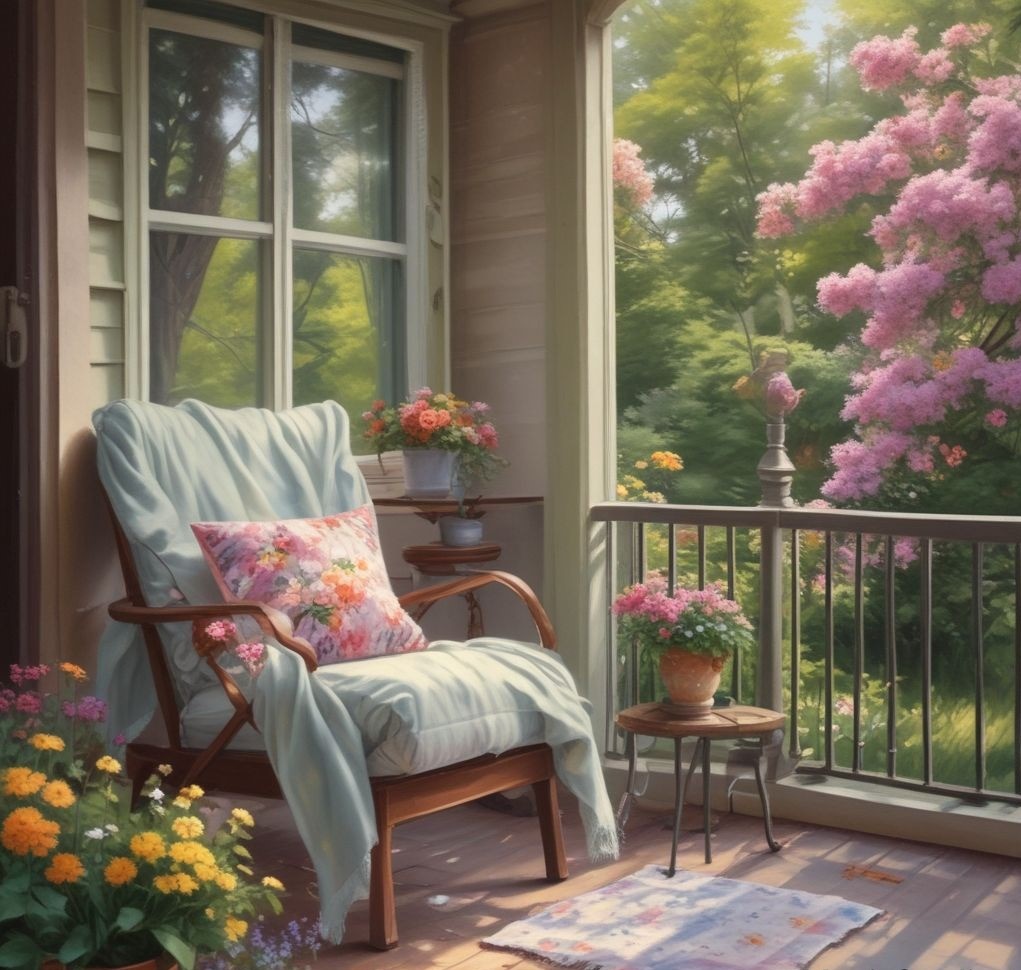 A cozy chair on a porch draped with a lightweight throw blanket in pastel colors, surrounded by blooming flowers and a small side table with tea.