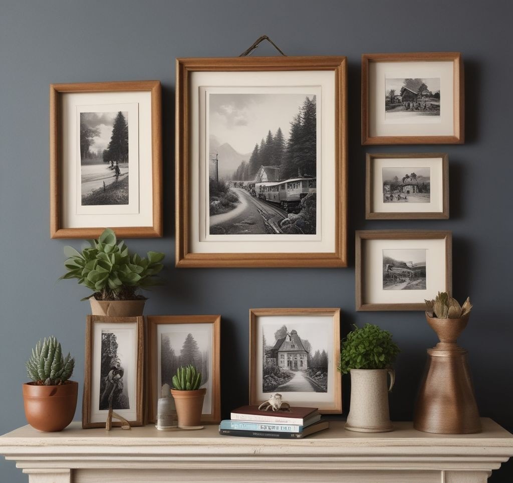 Eclectic mantle display with family photos in light wooden frames, vintage spring postcard, small potted succulent, personal travel souvenir, creating a storytelling composition