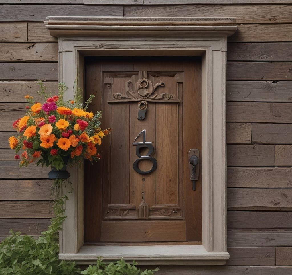 House numbers mounted on a rustic wooden plaque surrounded by a vibrant floral arrangement, placed on the wall beside the front door.