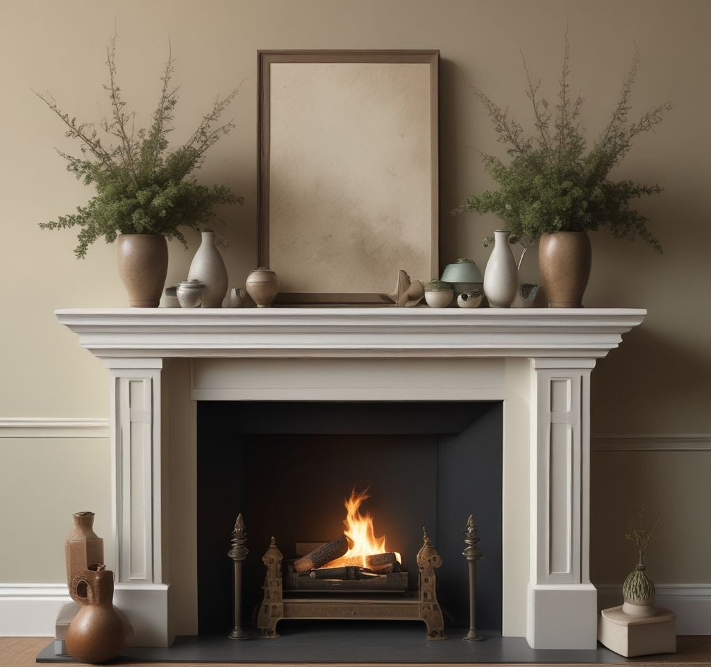 Perfectly balanced mantle arrangement demonstrating visual weight distribution, neutral background, objects carefully spaced with intentional breathing room between decorative elements