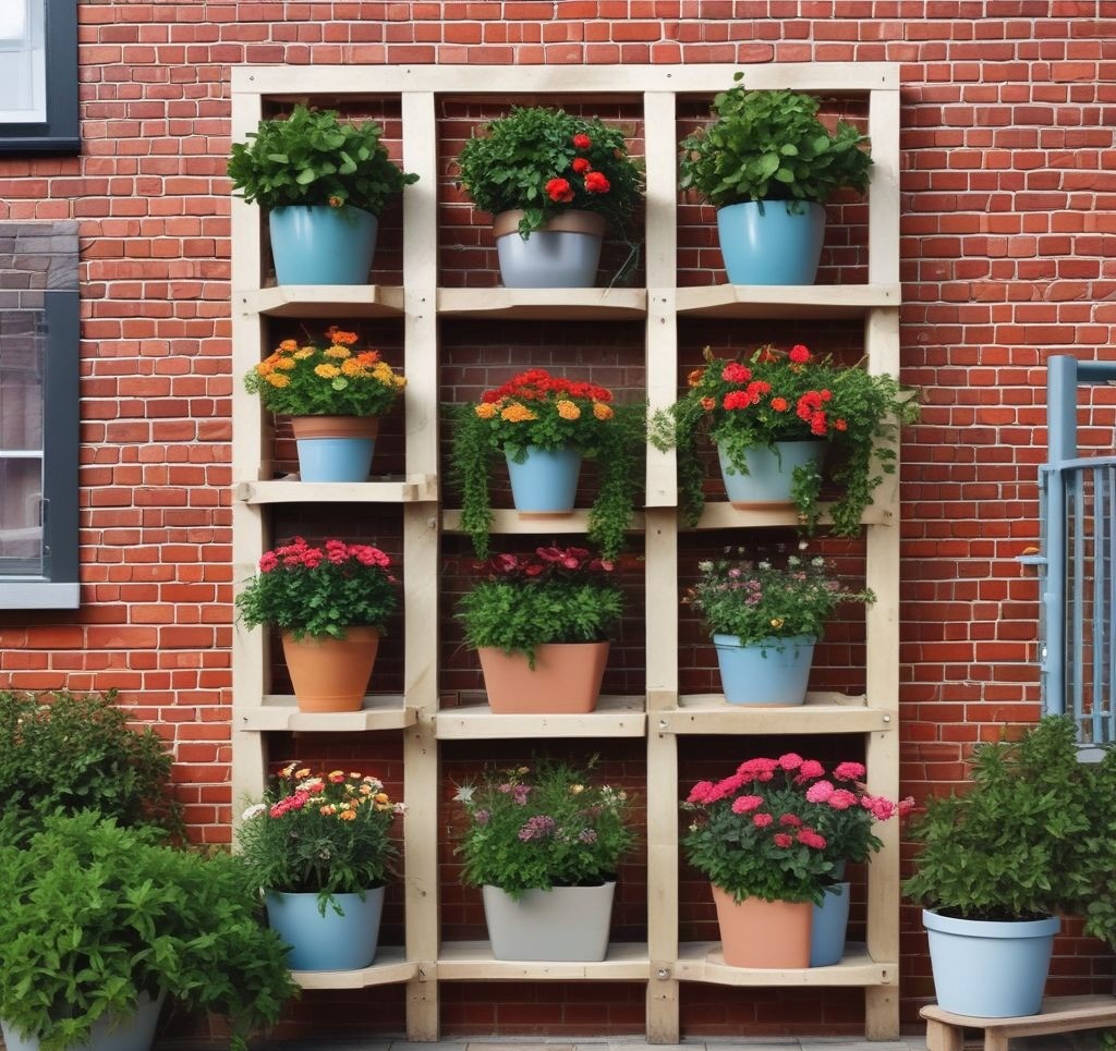 A vertical garden made of tiered wooden shelves holding potted ivy, succulents, and colorful flowers, set against a bright porch wall.